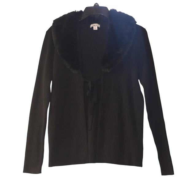 Bar III Women's Faux Fur Collar Ribbed Knit Sweater in Black - Picture 2 of 4